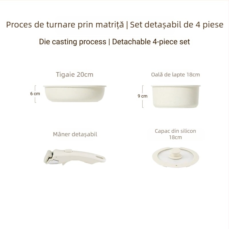 Set de vase cu mâner detașabil — oale și tigăi din aliaj de aluminiu, cu strat antiaderent, fund multiplu de straturi, include oală de lapte, 2 tigăi și capac din silicon-sticlă, compatibil cu plitele cu inducție
