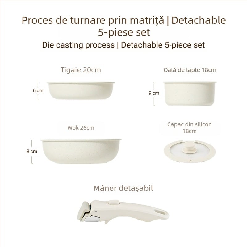 Set de vase cu mâner detașabil — oale și tigăi din aliaj de aluminiu, cu strat antiaderent, fund multiplu de straturi, include oală de lapte, 2 tigăi și capac din silicon-sticlă, compatibil cu plitele cu inducție