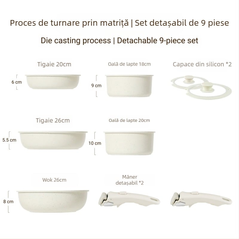 Set de vase cu mâner detașabil — oale și tigăi din aliaj de aluminiu, cu strat antiaderent, fund multiplu de straturi, include oală de lapte, 2 tigăi și capac din silicon-sticlă, compatibil cu plitele cu inducție
