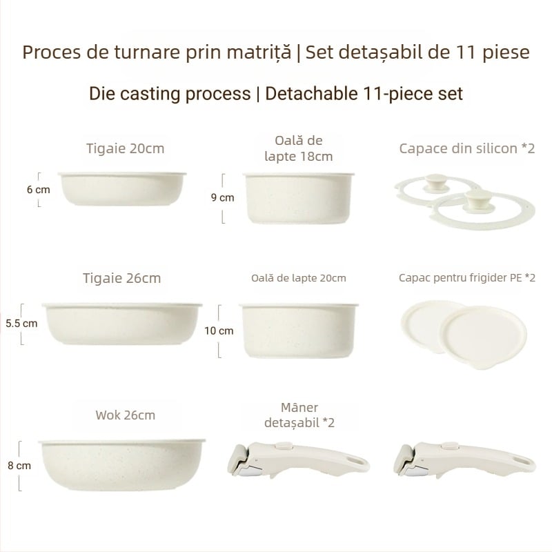 Set de vase cu mâner detașabil — oale și tigăi din aliaj de aluminiu, cu strat antiaderent, fund multiplu de straturi, include oală de lapte, 2 tigăi și capac din silicon-sticlă, compatibil cu plitele cu inducție