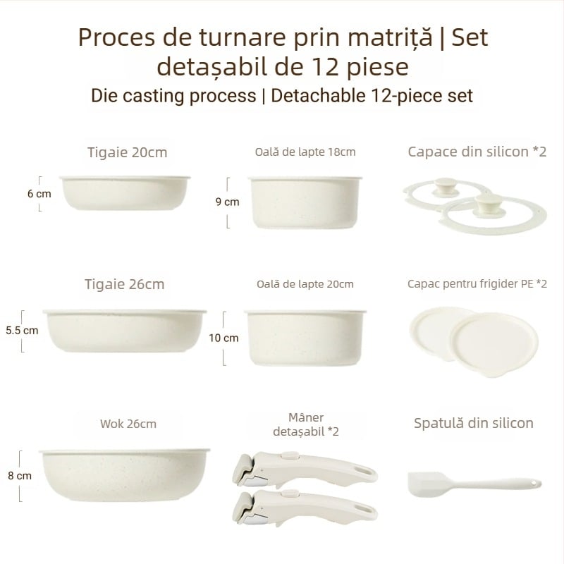 Set de vase cu mâner detașabil — oale și tigăi din aliaj de aluminiu, cu strat antiaderent, fund multiplu de straturi, include oală de lapte, 2 tigăi și capac din silicon-sticlă, compatibil cu plitele cu inducție