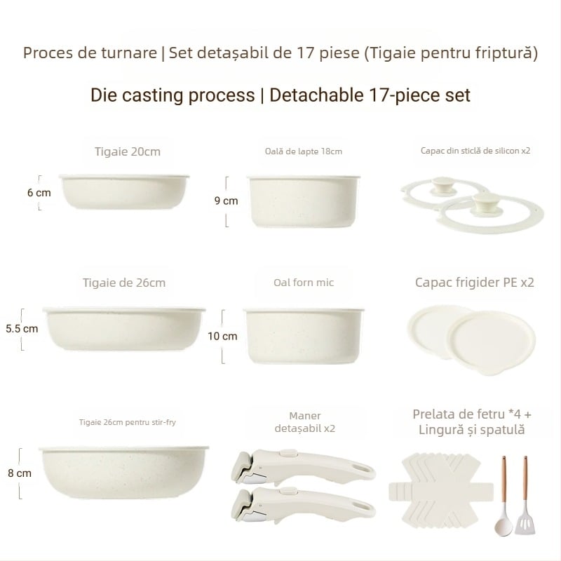 Set de vase cu mâner detașabil — oale și tigăi din aliaj de aluminiu, cu strat antiaderent, fund multiplu de straturi, include oală de lapte, 2 tigăi și capac din silicon-sticlă, compatibil cu plitele cu inducție
