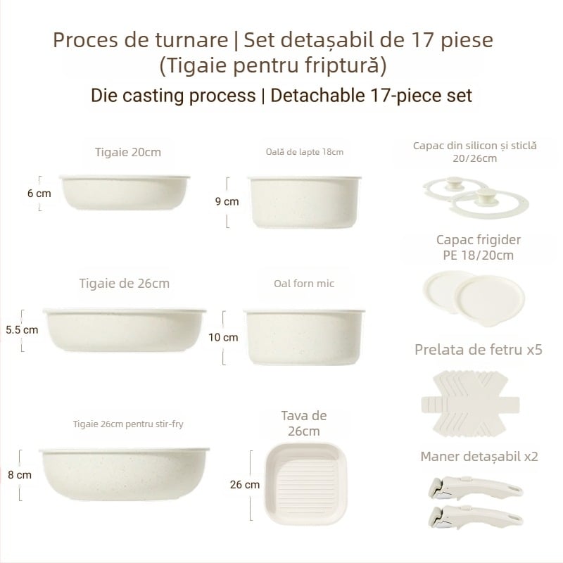 Set de vase cu mâner detașabil — oale și tigăi din aliaj de aluminiu, cu strat antiaderent, fund multiplu de straturi, include oală de lapte, 2 tigăi și capac din silicon-sticlă, compatibil cu plitele cu inducție