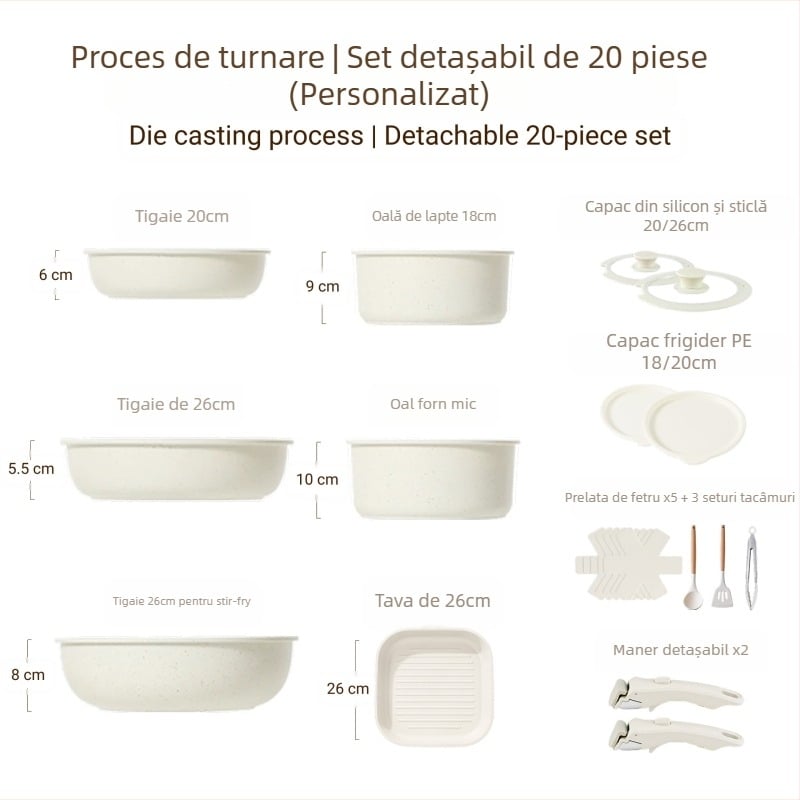 Set de vase cu mâner detașabil — oale și tigăi din aliaj de aluminiu, cu strat antiaderent, fund multiplu de straturi, include oală de lapte, 2 tigăi și capac din silicon-sticlă, compatibil cu plitele cu inducție