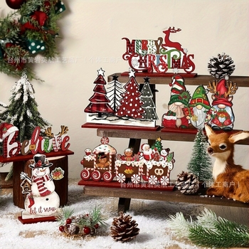 Ornament din lemn pentru masă – om de zăpadă, brad de Crăciun, stil modern minimalist, material Boxwood, Nr. 0077954, potrivit pentru casă și birou