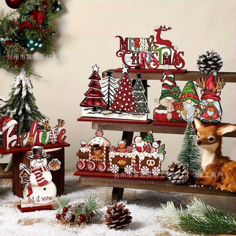 Ornament din lemn pentru masă – om de zăpadă, brad de Crăciun, stil modern minimalist, material Boxwood, Nr. 0077954, potrivit pentru casă și birou