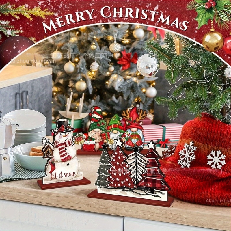 Ornament din lemn pentru masă – om de zăpadă, brad de Crăciun, stil modern minimalist, material Boxwood, Nr. 0077954, potrivit pentru casă și birou