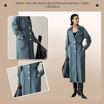 Baojin Palton lung denim pentru femei, Vintage, cu patchwork, guler rotund, nasturi trei la rând, culoare solidă, 95%+ poliester