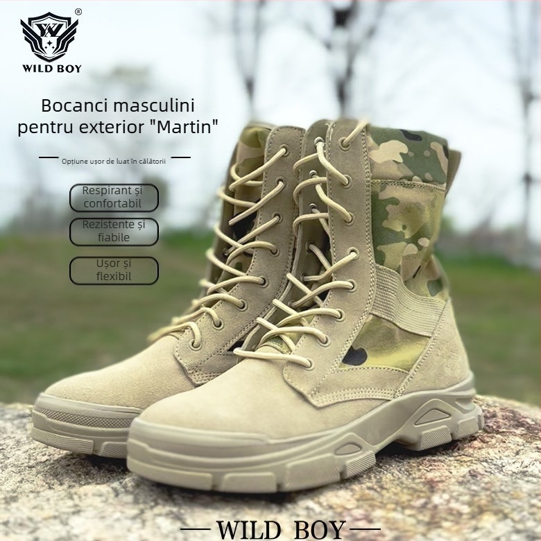 Ghete outdoor în stil militar pentru adulți, unisex, partea superioară din piele de vițel de primă calitate cu țesătură, talpă anti-alunecare, branț din spumă popcorn, potrivite pentru drumeții, camping și provocări extreme