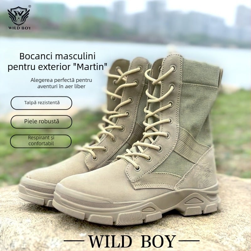 Ghete outdoor în stil militar pentru adulți, unisex, partea superioară din piele de vițel de primă calitate cu țesătură, talpă anti-alunecare, branț din spumă popcorn, potrivite pentru drumeții, camping și provocări extreme