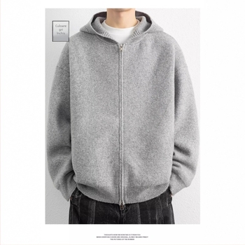 Cardigan tricotat cu glugă, croială lejeră, mâneci lungi, fleece poliester spălat, amestec acrilic