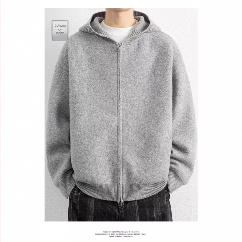 Cardigan tricotat cu glugă, croială lejeră, mâneci lungi, fleece poliester spălat, amestec acrilic