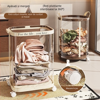 Coș de rufe pliabil cu roți, din plastic, organizator mobil pentru baie