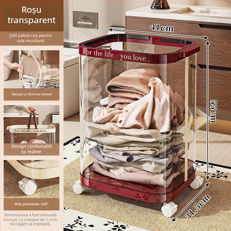 Coș de rufe pliabil cu roți, din plastic, organizator mobil pentru baie