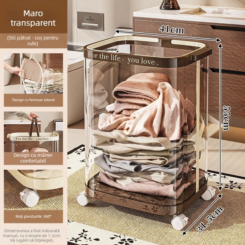 Coș de rufe pliabil cu roți, din plastic, organizator mobil pentru baie