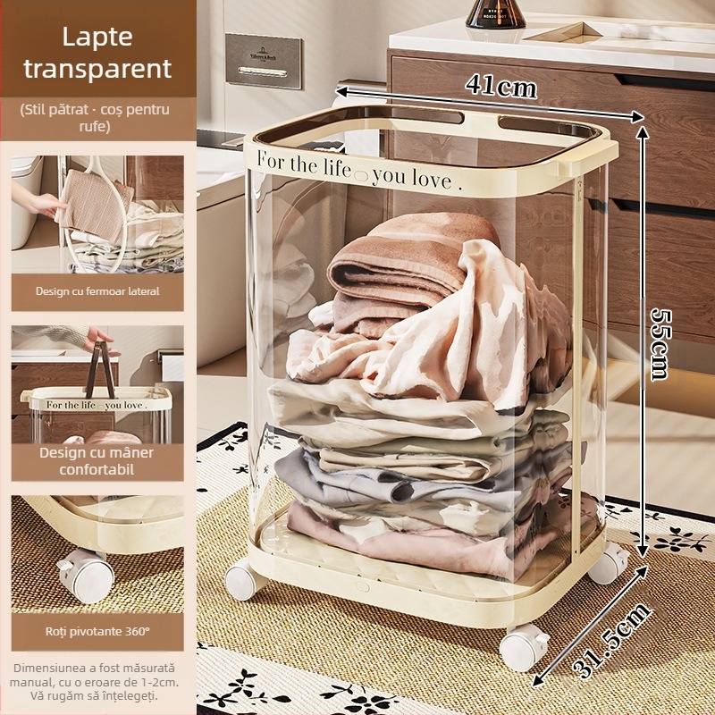 Coș de rufe pliabil cu roți, din plastic, organizator mobil pentru baie