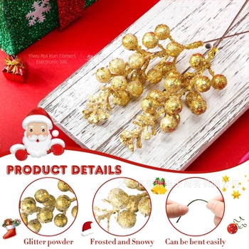 Set de 10 ornamente de brad – boabe realiste cu pulbere aurie, pentru agățat, decor pentru casă, model WG425, materiale: spumă, hârtie, altele