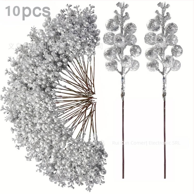 Set de 10 ornamente de brad – boabe realiste cu pulbere aurie, pentru agățat, decor pentru casă, model WG425, materiale: spumă, hârtie, altele