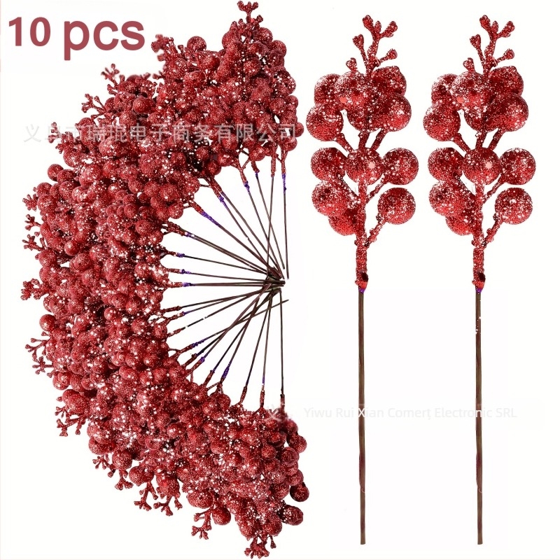 Set de 10 ornamente de brad – boabe realiste cu pulbere aurie, pentru agățat, decor pentru casă, model WG425, materiale: spumă, hârtie, altele