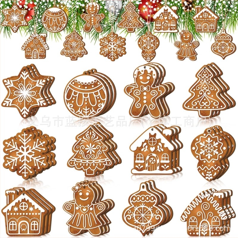 Decorațiune din lemn de atârnat — fulg de zăpadă și biscuit cu ghimbir, model LA-593, stil de Crăciun
