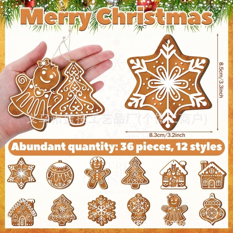 Decorațiune din lemn de atârnat — fulg de zăpadă și biscuit cu ghimbir, model LA-593, stil de Crăciun