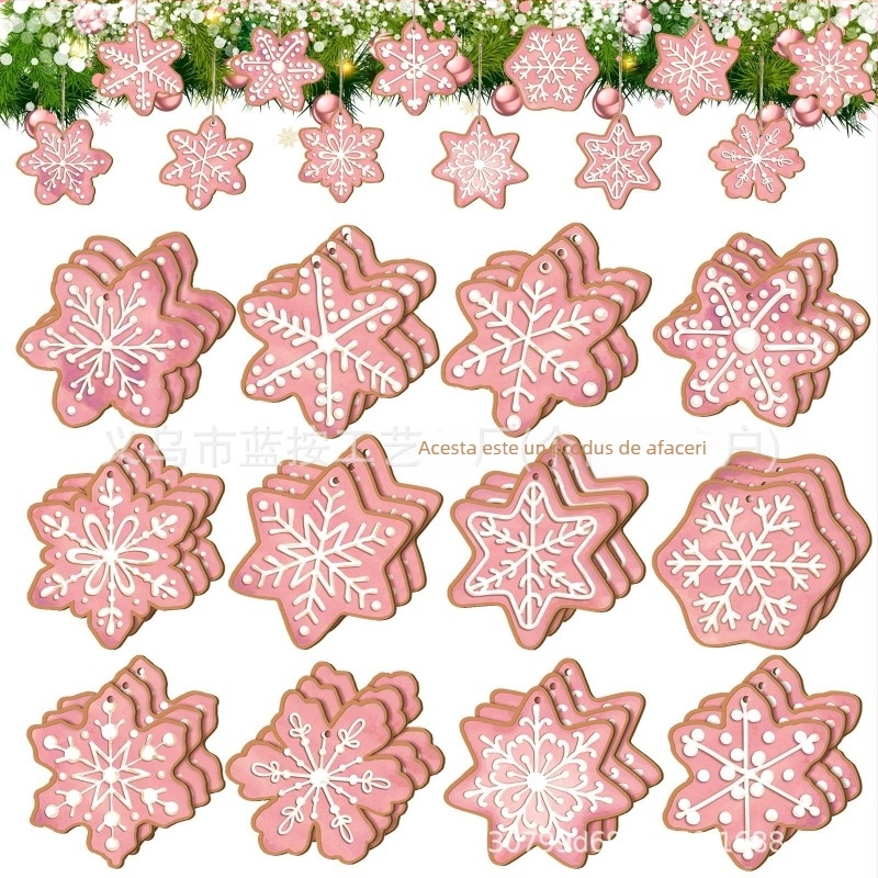 Decorațiune din lemn de atârnat — fulg de zăpadă și biscuit cu ghimbir, model LA-593, stil de Crăciun