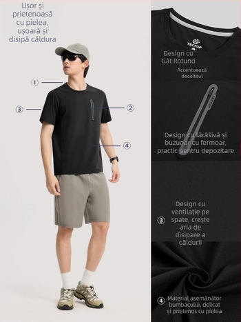 Tricou bărbătesc Ice Silk Cotton, uscare rapidă, respirabil, protecție UV, guler rotund