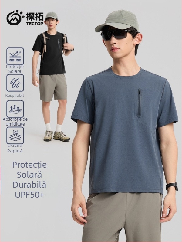 Tricou bărbătesc Ice Silk Cotton, uscare rapidă, respirabil, protecție UV, guler rotund