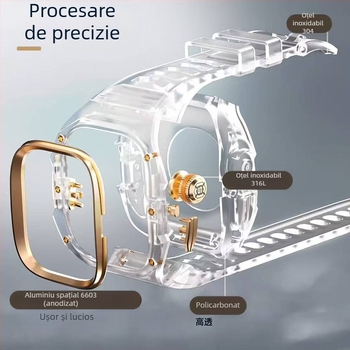 SHELLBOX Carcasă de protecție Apple Watch Ultra – Stil cristal transparent, Protecție anti-cadere, Compatibil cu Ultra 1/2/3, Materiale: cauciuc fluor, silicon, metal