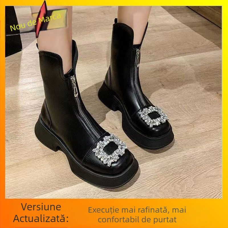 Ghete Martin cu partea superioară PU, talpă din cauciuc, vârf pătrat, toc gros mediu (3–5 cm), gambă medie