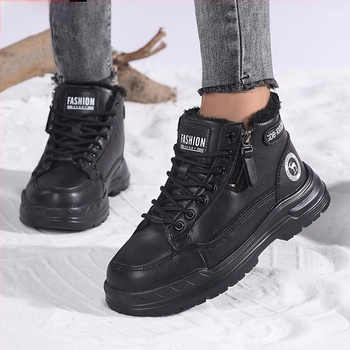 Pantofi de iarnă pentru femei, din bumbac, cu partea superioară din PU artificial, vârf rotund, toc mic 1-3 cm