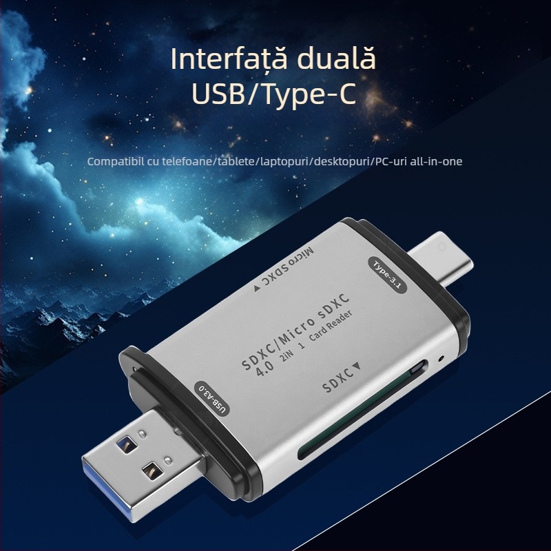 Hexing Cititor SD/TF/MicroSD 4.0 USB-C - citire a două carduri în același timp