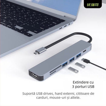 Stație de docking Type-C 7-in-1 pentru laptop, ieșire HDMI 4K/30Hz, hub USB cu 3 porturi, model UR-21