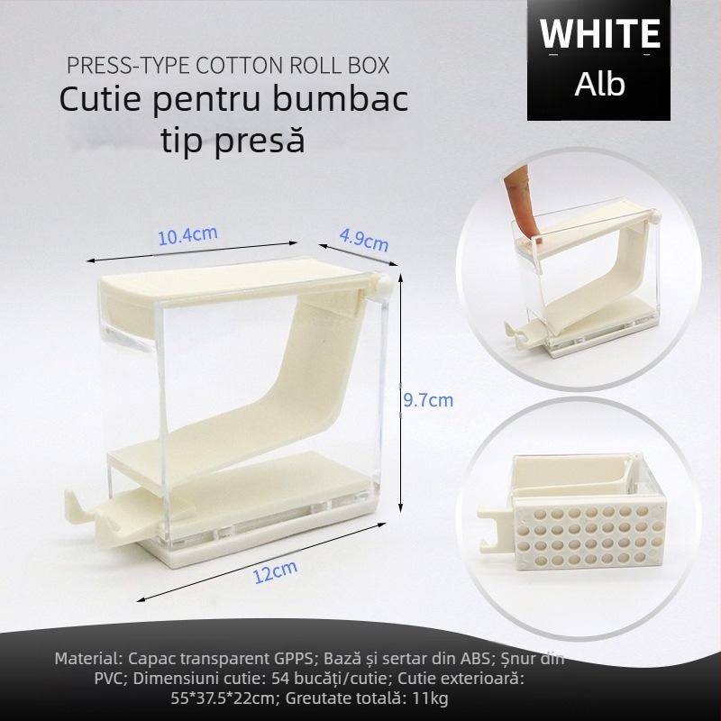Cutie pentru role de bumbac, tip apăsare, cu capac, din PP, cu logo tipărit