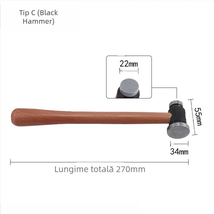 Ciocan cu mâner din lemn, cap rotund, cap plat din fier, unealtă manuală pentru prelucrarea metalelor (aur și argint)
