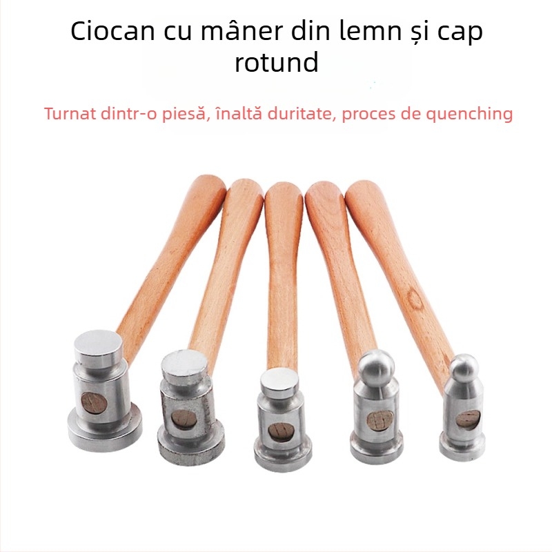 Ciocan cu mâner din lemn, cap rotund, cap plat din fier, unealtă manuală pentru prelucrarea metalelor (aur și argint)