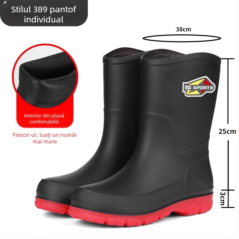 Ghete de ploaie pentru bărbați, până la gambe, cu exterior din PVC, talpă din plastic, interior din plasă și branț textil