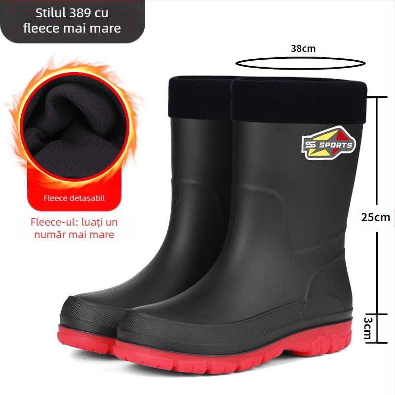 Ghete de ploaie pentru bărbați, până la gambe, cu exterior din PVC, talpă din plastic, interior din plasă și branț textil