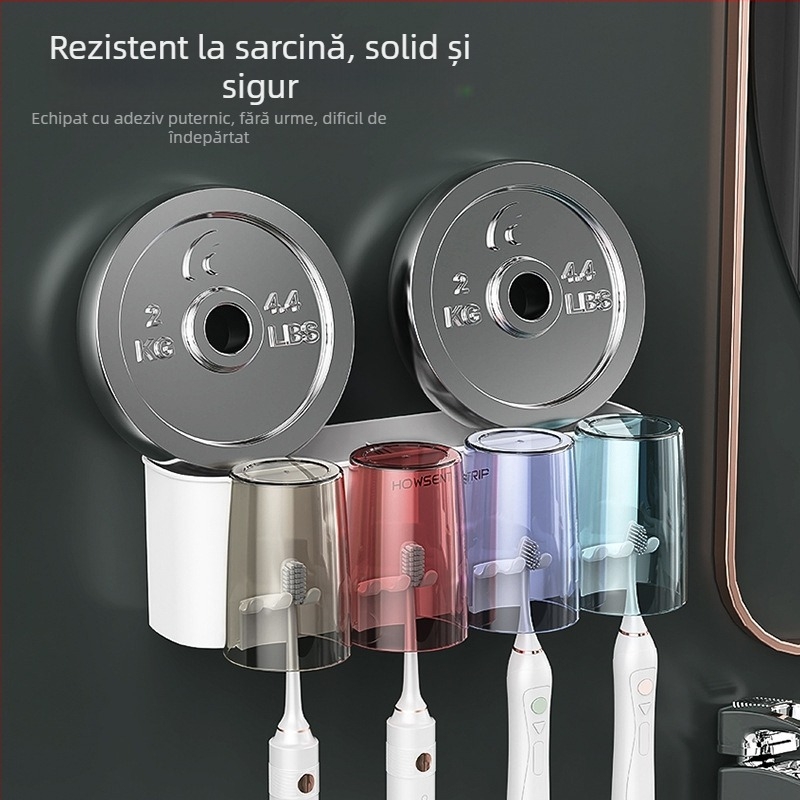 Suport montat pe perete pentru periuțe de dinți, fără găuri, cu pahar pentru apă de gură și pahar pentru periute – organizator baie pentru cupluri