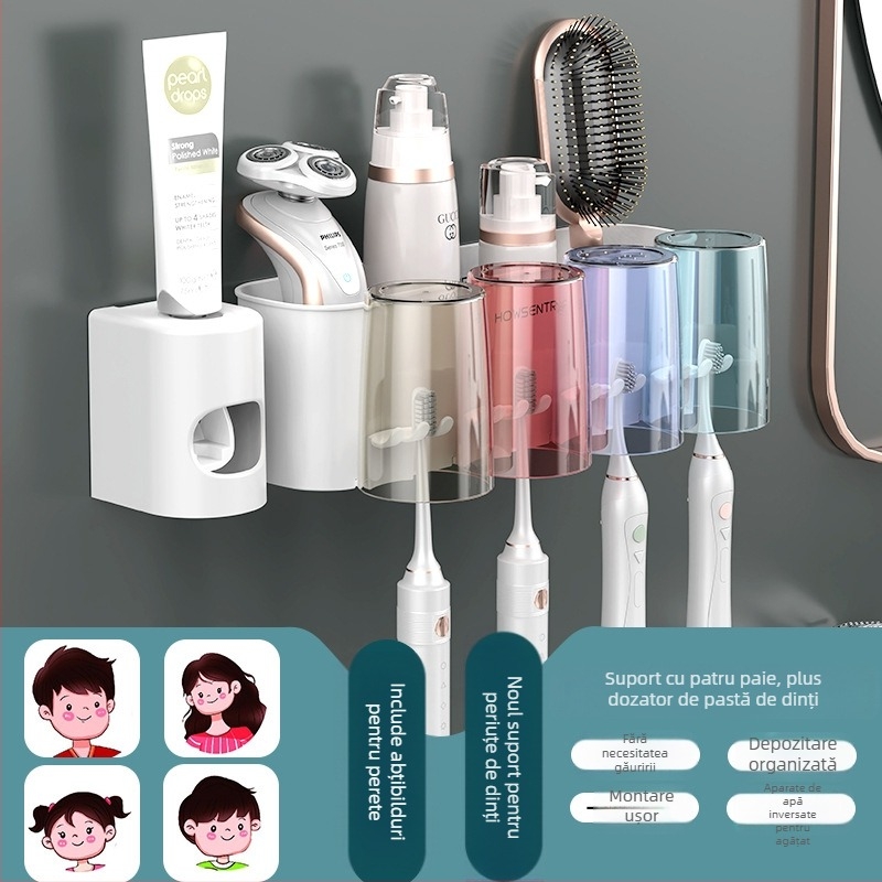Suport montat pe perete pentru periuțe de dinți, fără găuri, cu pahar pentru apă de gură și pahar pentru periute – organizator baie pentru cupluri