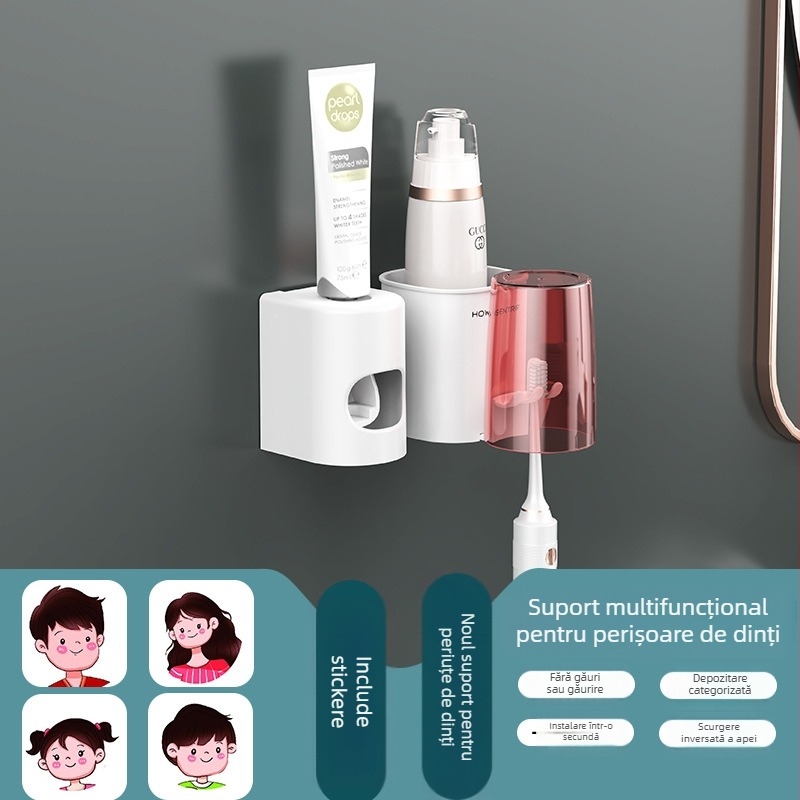 Suport montat pe perete pentru periuțe de dinți, fără găuri, cu pahar pentru apă de gură și pahar pentru periute – organizator baie pentru cupluri