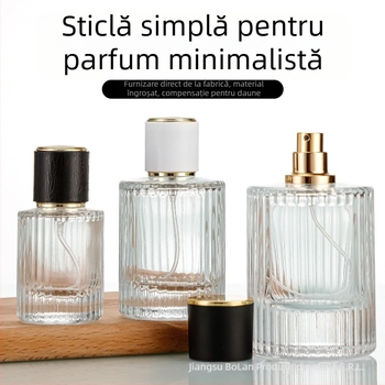 Sticlă de parfum din sticlă cu gât filet, corp rotund transparent, sticlă cu dungi verticale îngroșate, pulverizator lateral mare, capac greu