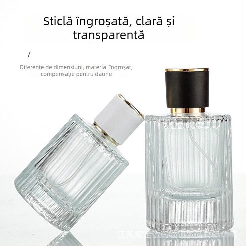 Sticlă de parfum din sticlă cu gât filet, corp rotund transparent, sticlă cu dungi verticale îngroșate, pulverizator lateral mare, capac greu