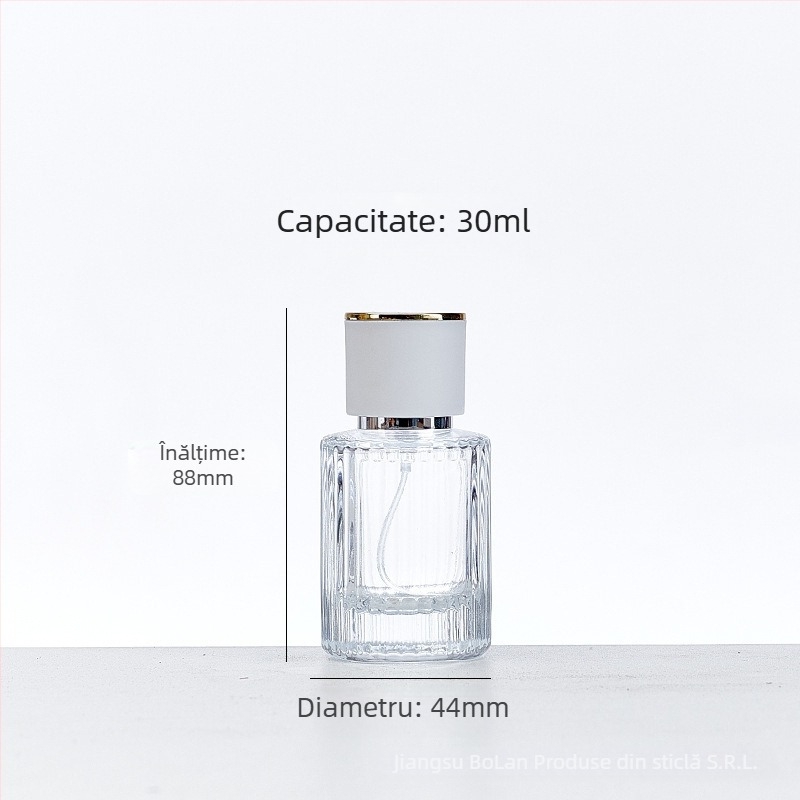 Sticlă de parfum din sticlă cu gât filet, corp rotund transparent, sticlă cu dungi verticale îngroșate, pulverizator lateral mare, capac greu