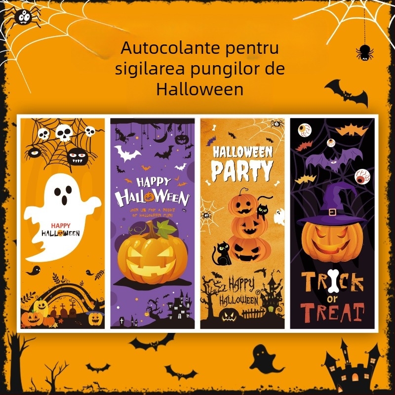 Etichetă dreptunghiulară de sigilare pentru ambalaje Halloween – hârtie lucioasă autocolantă, adeziv topit, imprimare color, fără laminare