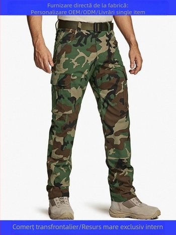 Pantaloni de lucru tactici pentru bărbați cu camuflaj, talie înaltă, fermoar, croială dreaptă, buzunare multiple, poliester