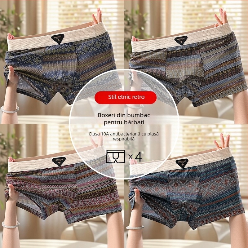 Boxeri pentru bărbați cu imprimeu etnic retro din bumbac, respirabili, antibacterieni, confortabili, talie medie