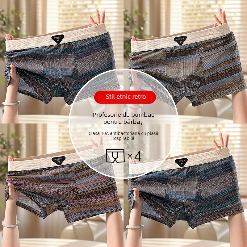 Boxeri pentru bărbați cu imprimeu etnic retro din bumbac, respirabili, antibacterieni, confortabili, talie medie