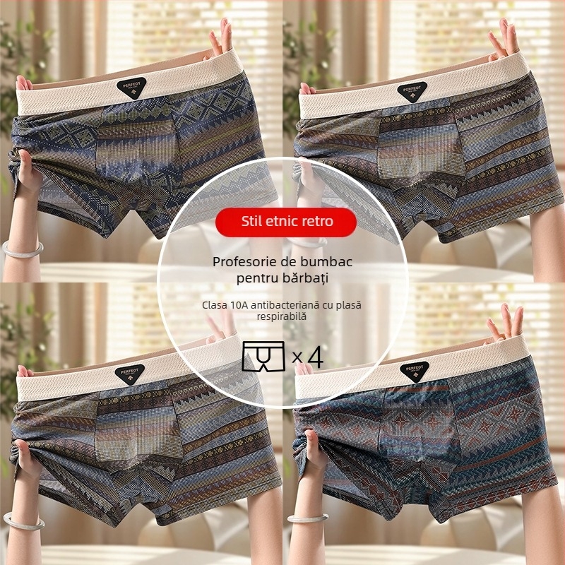 Boxeri pentru bărbați cu imprimeu etnic retro din bumbac, respirabili, antibacterieni, confortabili, talie medie