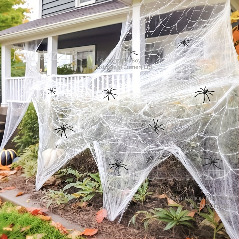Decorațiune cu pânză de păianjen de Halloween, cu 10 păianjeni false, pânză plastică ultra-elastică, decor de spații